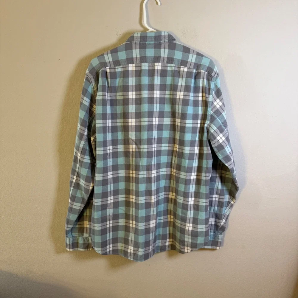 J.Crew Mens Flannel Button Down Shirt Large Teal Grey Plaid Cotton Long Sleeve‎
